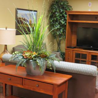 A cozy living room with a wooden table, decorative indoor plant, sofa, and TV stand.
