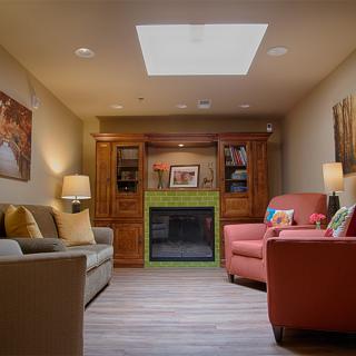 Cozy living room with a skylight, featuring comfortable seating and a central fireplace.