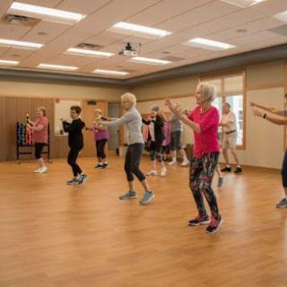 A group of individuals participating in a lively dance workout class indoors.