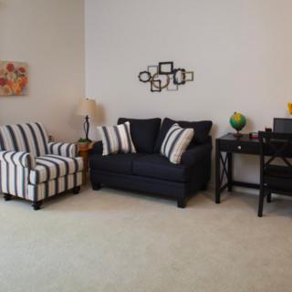 A cozy living room with a striped armchair and a dark sofa, complemented by a desk and decorative wall art.