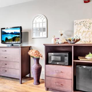 A cozy hotel room featuring a television, dresser, microwave, and mini fridge with decorative elements such as a vase and mirror.