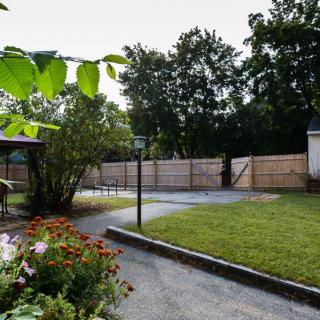 A serene garden with a pathway, vibrant flowers, and lush greenery.