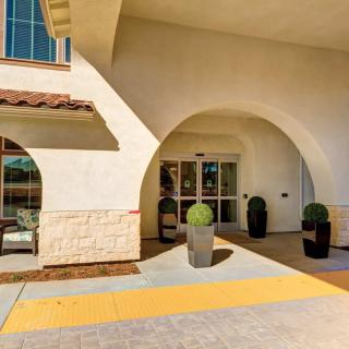 A modern building entrance with arched design and potted plants.