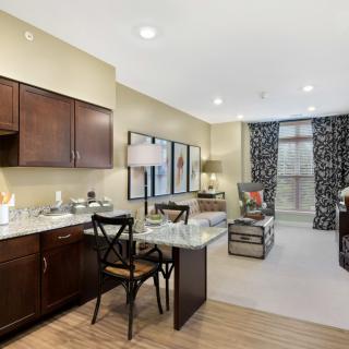 A cozy living space with an open floor plan, featuring a kitchen and dining area alongside a furnished living room.