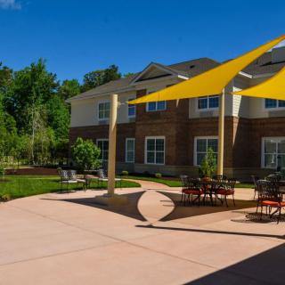A sunny patio with tables and chairs under yellow shade sails, adjacent to a building and surrounded by trees.