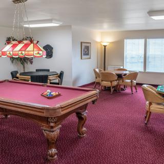 A game room featuring a billiards table with red felt, surrounded by seating and bright windows.
