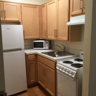 A compact kitchen with wooden cabinets, a white refrigerator, stove, and a microwave on the countertop.