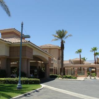 A sunny entrance to a hotel, surrounded by palm trees and clear blue skies.