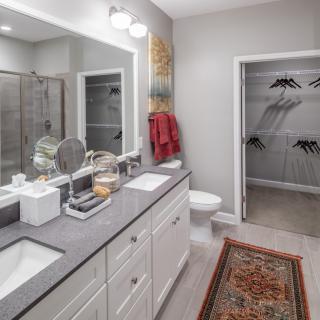 A modern bathroom with a double vanity, walk-in closet, and shower.