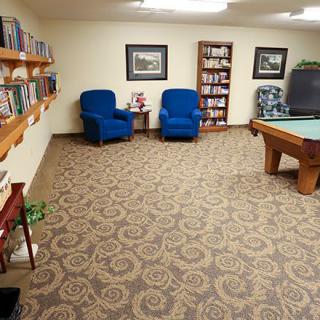 A cozy room featuring bookshelves, blue armchairs, and a pool table.