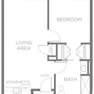 A floor plan showcasing a one-bedroom apartment with a living area, kitchenette, and bathroom.