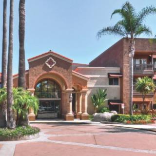 A sunny view of a hotel's entrance with palm trees and elegant architecture.