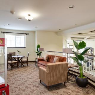 Cozy lounge area with a sofa, table, chairs, and plants.
