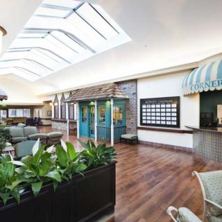 A modern interior space featuring a skylight, plants, and a comfortable waiting area.