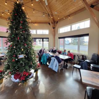 A group of people sitting in a cozy caf decorated with a large Christmas tree.