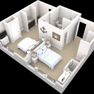 3D floor plan of a bedroom with interior design elements.