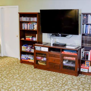 A cozy living room setup with a TV and bookshelves filled with various items.