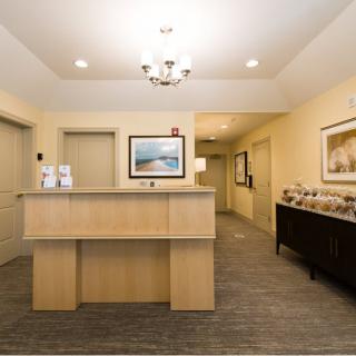 A well-lit reception area with a front desk and decorative elements.