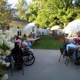 A lively outdoor gathering of seniors enjoying a sunny day in a community setting.