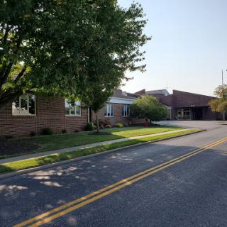 A quiet residential street with trees lining the sidewalk and buildings in view.