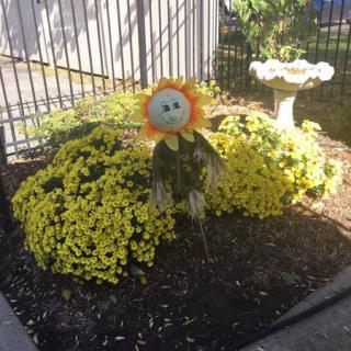 A garden scene with a decorative sunflower amidst yellow flowers and a birdbath.