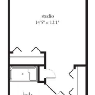Floor plan of a studio apartment with dimensions.