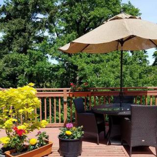 A sunny patio with outdoor seating and a large umbrella surrounded by vibrant flowers and lush greenery.
