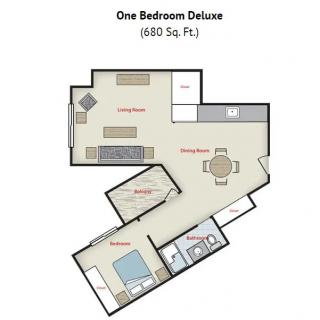 One Bedroom Deluxe apartment floor plan with a total area of 680 square feet.