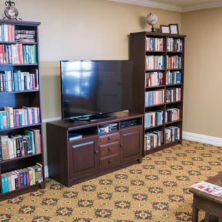 A cozy living room with bookshelves, a television, and a patterned carpet.