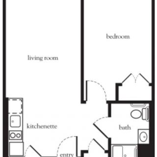 A simple floor plan of a one-bedroom apartment featuring a living room, kitchenette, and bathroom.