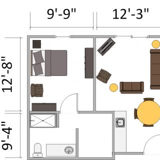 A floor plan depicting a small apartment with a bedroom, living area, and dimensions.