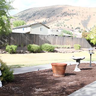 A serene backyard garden with a view of mountains, featuring pottery and a bird bath.
