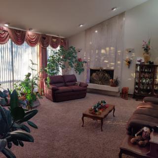 A cozy and inviting living room featuring plush furniture, decorative plants, and elegant window drapes.