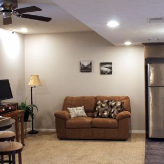 Cozy living room with a brown sofa, floor lamp, and adjacent kitchen area.