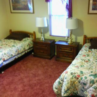 A cozy bedroom with twin beds, floral bedding, and a soft carpeted floor.