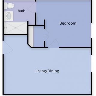 A simple floor plan showing a one-bedroom apartment with a bathroom and combined living/dining area.