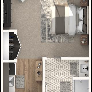A detailed floor plan of a bedroom and adjoining areas, showcasing furniture arrangement and interior design.