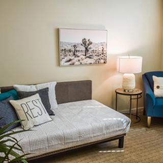 A cozy living room featuring a sofa with decorative pillows, an armchair, a lamp on a side table, and wall art.