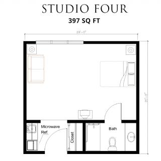 Floor plan of a 397 square foot studio apartment.