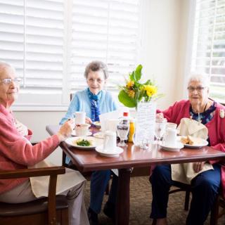 Three seniors enjoying a meal together at a dining table.