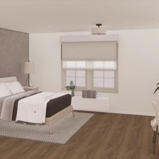 A modern, minimalist bedroom with neutral colors and wooden flooring.