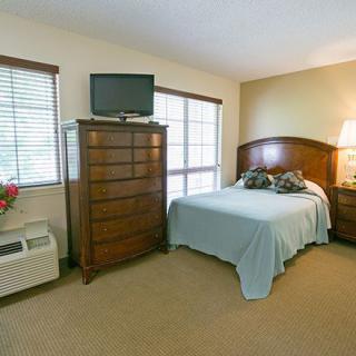 A cozy bedroom with a dresser, television, bed, and a lamp by the window.