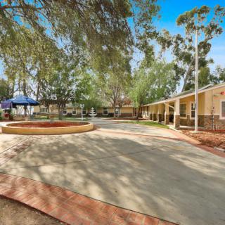 A tranquil courtyard with trees, benches, and a paved walkway under clear blue skies.