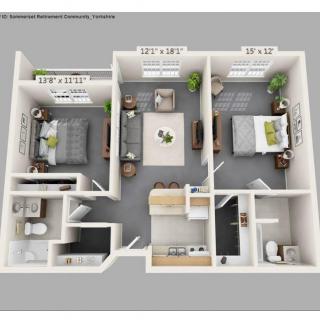 A 3D floor plan of a two-bedroom apartment with a central living area and kitchen.