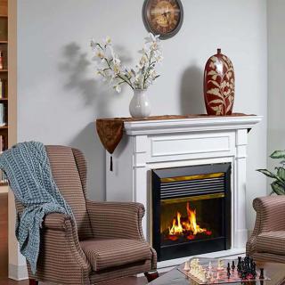 A cozy living room with a warm fireplace, comfortable armchair, and decorative accents on the mantelpiece.