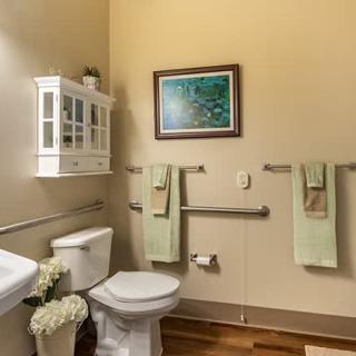 A well-organized bathroom featuring a toilet, sink, wall cabinet, and grab bars.