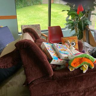 A cozy seating area filled with toys and games, surrounded by a touch of greenery.