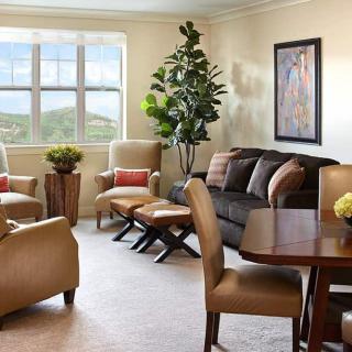A cozy and well-decorated living room featuring a sofa, armchairs, a dining table, and a large houseplant near the window.
