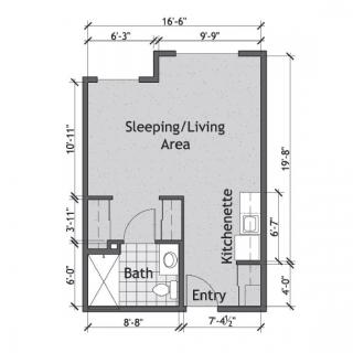 A floor plan of a studio apartment featuring a sleeping/living area, bathroom, and kitchenette.