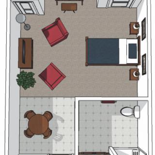 A floor plan showing a bedroom with adjacent living and bathroom areas.